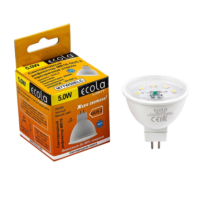 _Ecola Light MR16 LED 5,0W 220V GU5.3 2800K прозрачное стекло (композит) 48x50