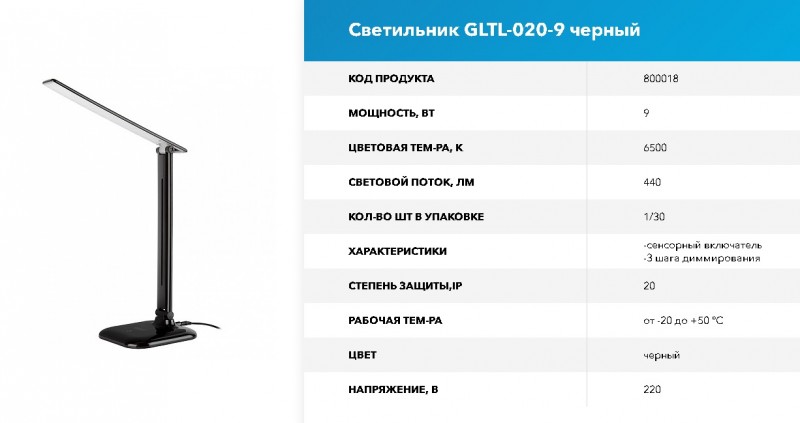 Светильник GNRL GLTL-020-9 черный, сенс вкл, димм (1/30) RSP